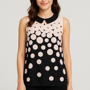 ELLE Sleeveless Peter Pan Collar Blouse Sz L | Black & Blush Polka Dot Print Top
